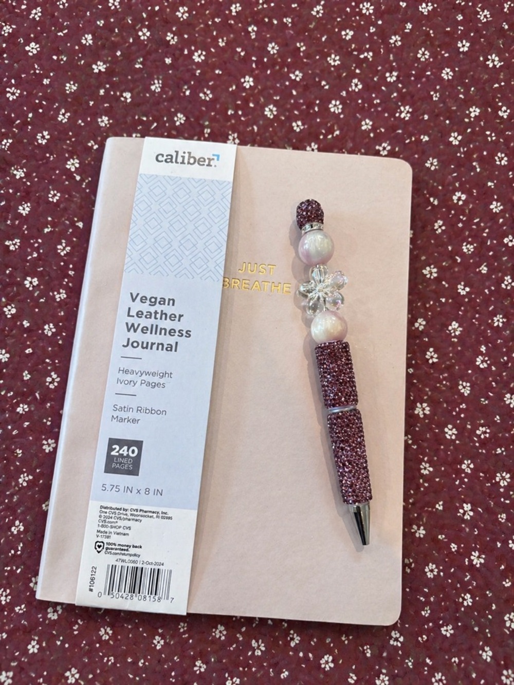 Handmade flower beaded rhinestone pen with Vegan Leather journal